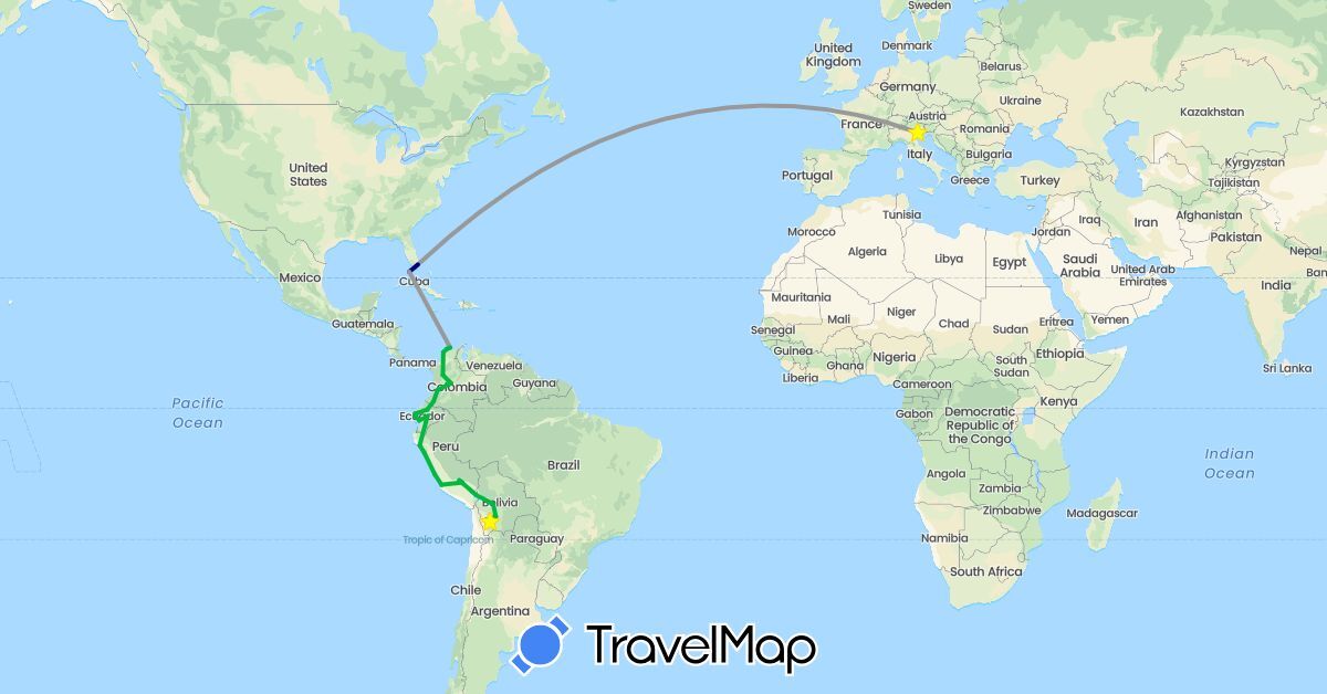 TravelMap itinerary: driving, bus, plane in Bolivia, Colombia, Ecuador, Italy, Peru, United States (Europe, North America, South America)
